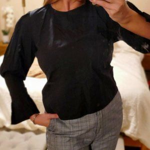 Who What Wear Black Poplin Puff Sleeve Gathered Cuff Top
